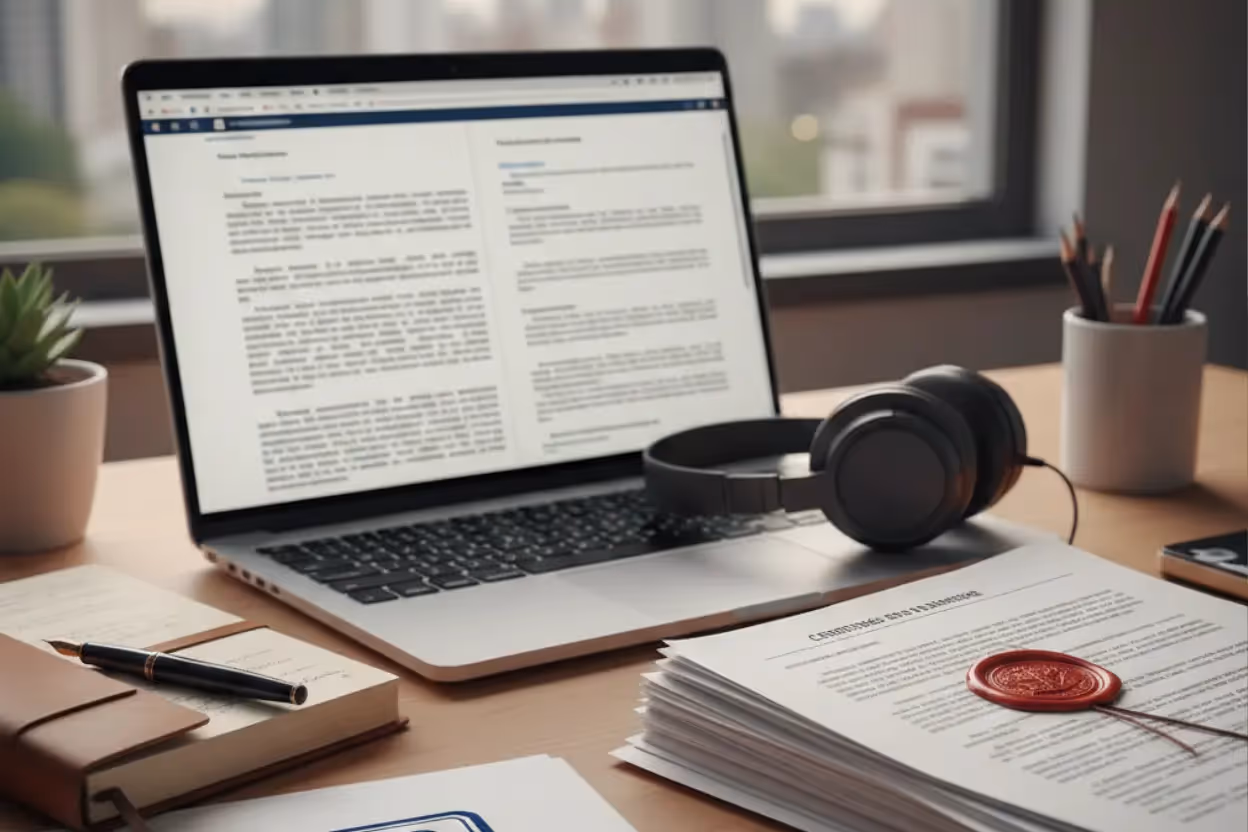 Law book or official translation stamps on a table.