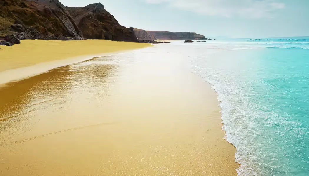 A panoramic view of the Canary Islands with volcanic coastline and Atlantic ocean.