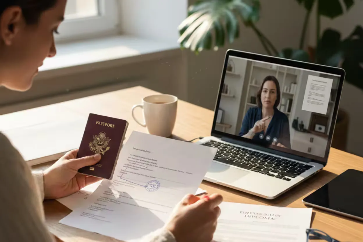 A collection of organized documents and a passport, ready for the visa application process.