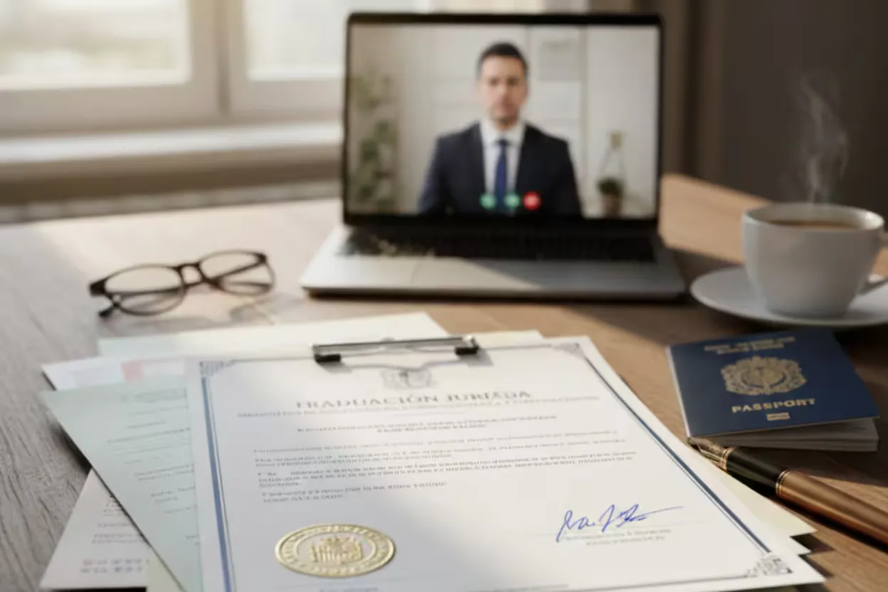 A close-up of an official document with a gold seal and a fountain pen, representing legal certification.
